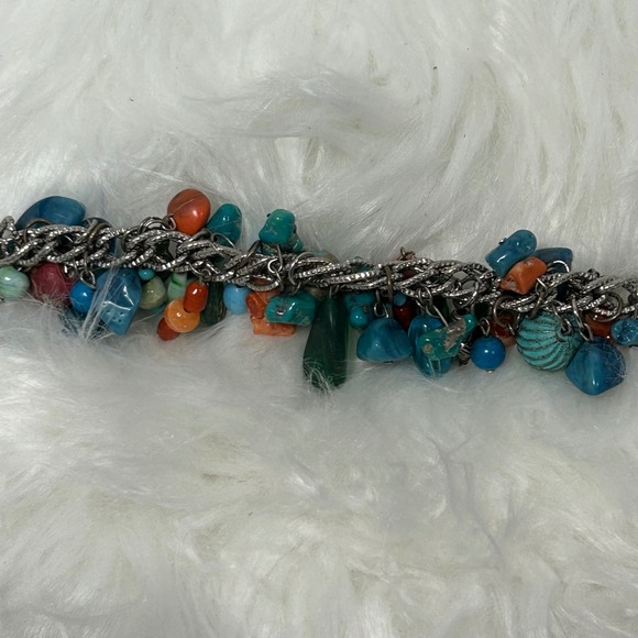 Teal Blue Turquoise Bead Silver‎ Chain Multi Strand Charm Bracelet Women's - Picture 2 of 6